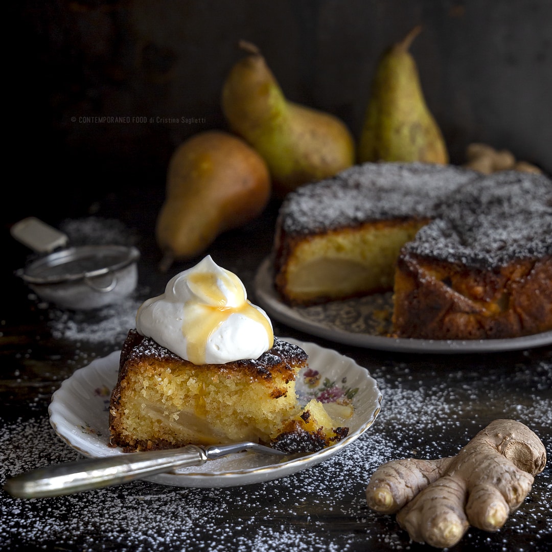 torta-pere-zenzero-con-panna-lucida-e-sciroppo-d'acero-ricetta-dolce-facile-merenda-contemporaneo-food