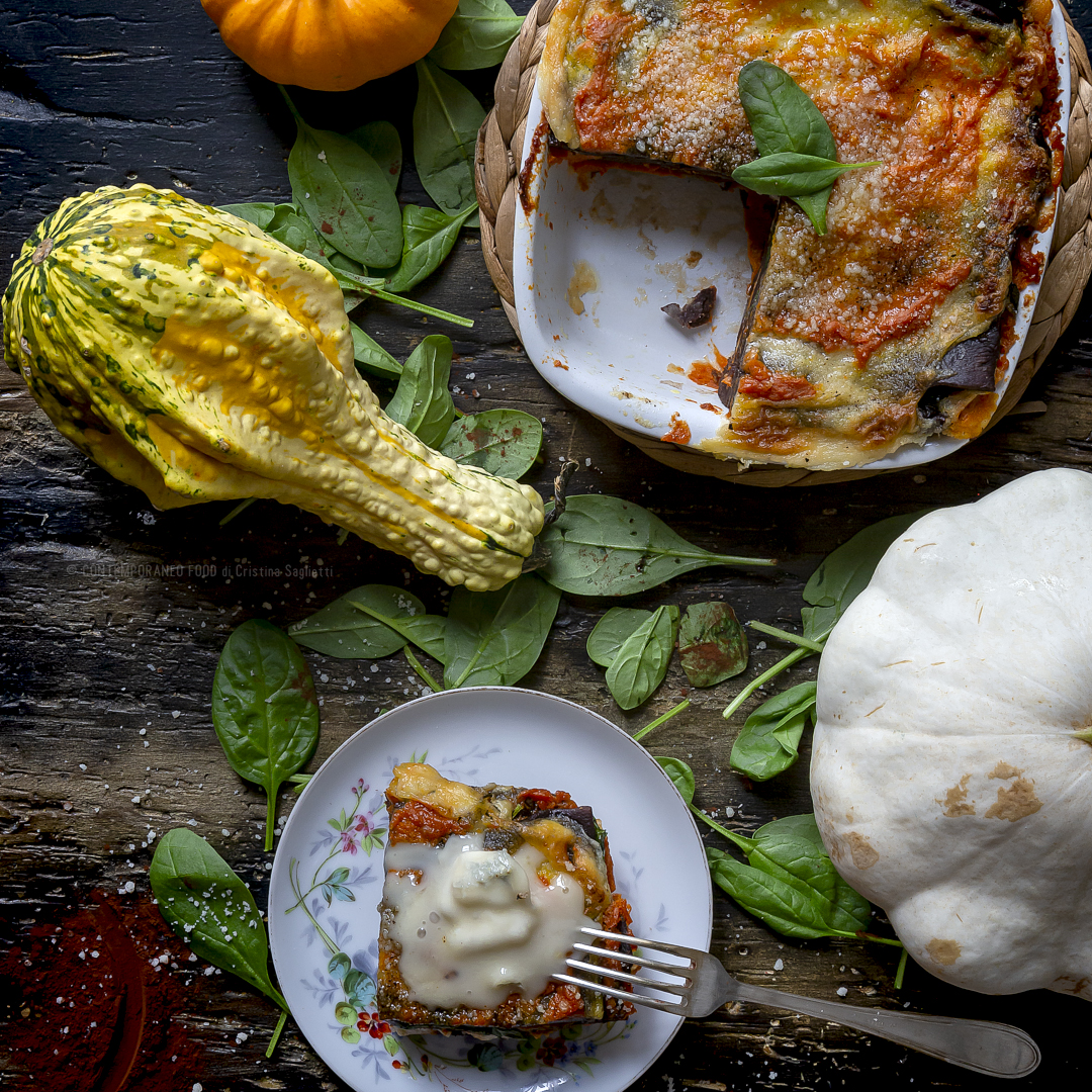 Immagine: Lasagne al cacao con spinacini, gorgonzola e crema di zucca
