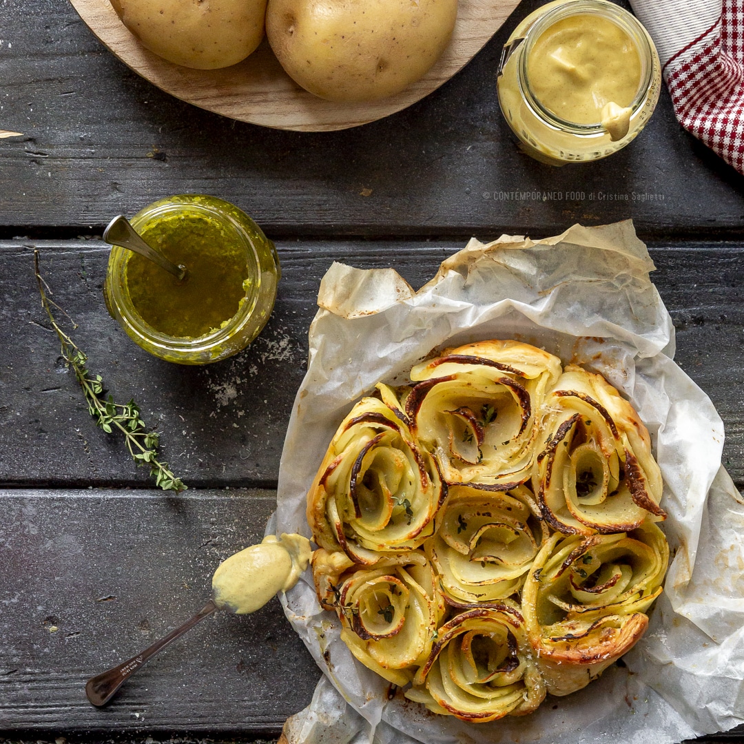 Immagine: Rose di patata e sfoglia con senape e pesto