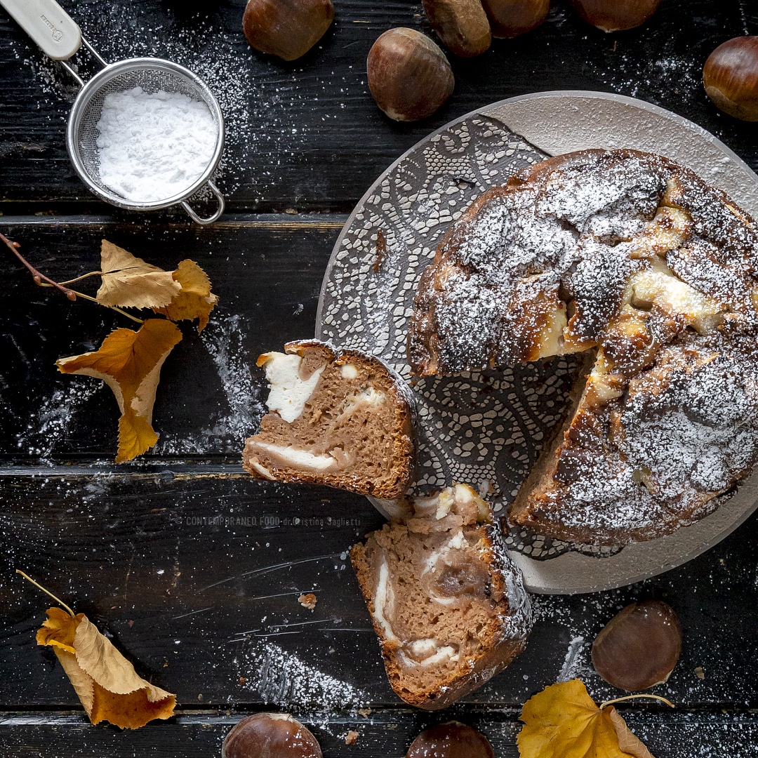 Immagine: Torta di farina di castagne e zucchero di canna scuro con crema di marroni e ricotta vaniglia e Rum