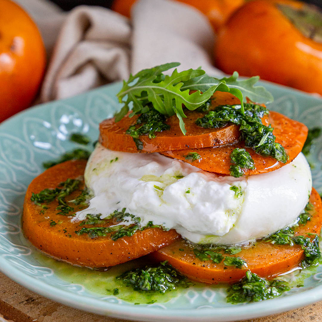 caco-spadellato-burrata-salsa-di-rucola-ricetta-facile-veloce-vegetariana-contemporaneo-food